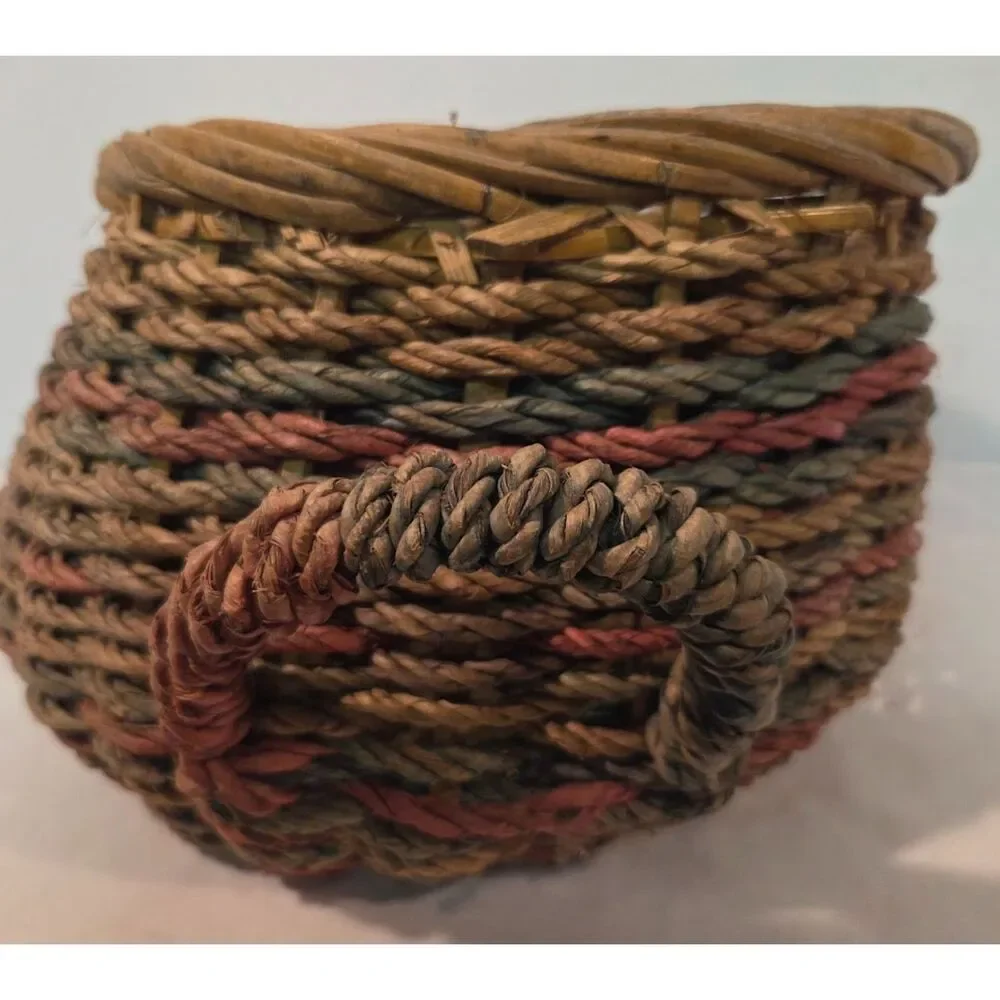 Vintage Woven Basket Planter Two Handle Rustic Boho Storage